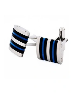 Brushed Stainless Steel Curved Face Cufflinks with Black & Blue Rubber