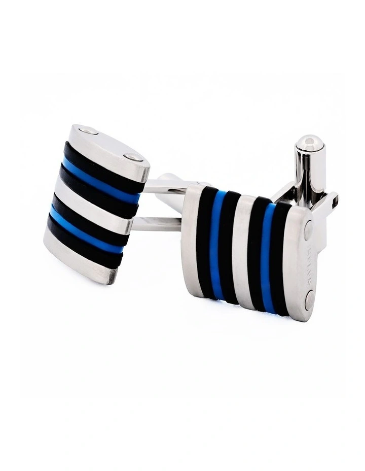 Brushed Stainless Steel Curved Face Cufflinks with Black & Blue Rubber image 1