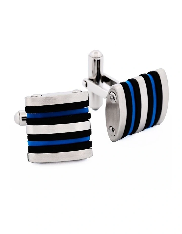 Brushed Stainless Steel Curved Face Cufflinks with Black & Blue Rubber image 3