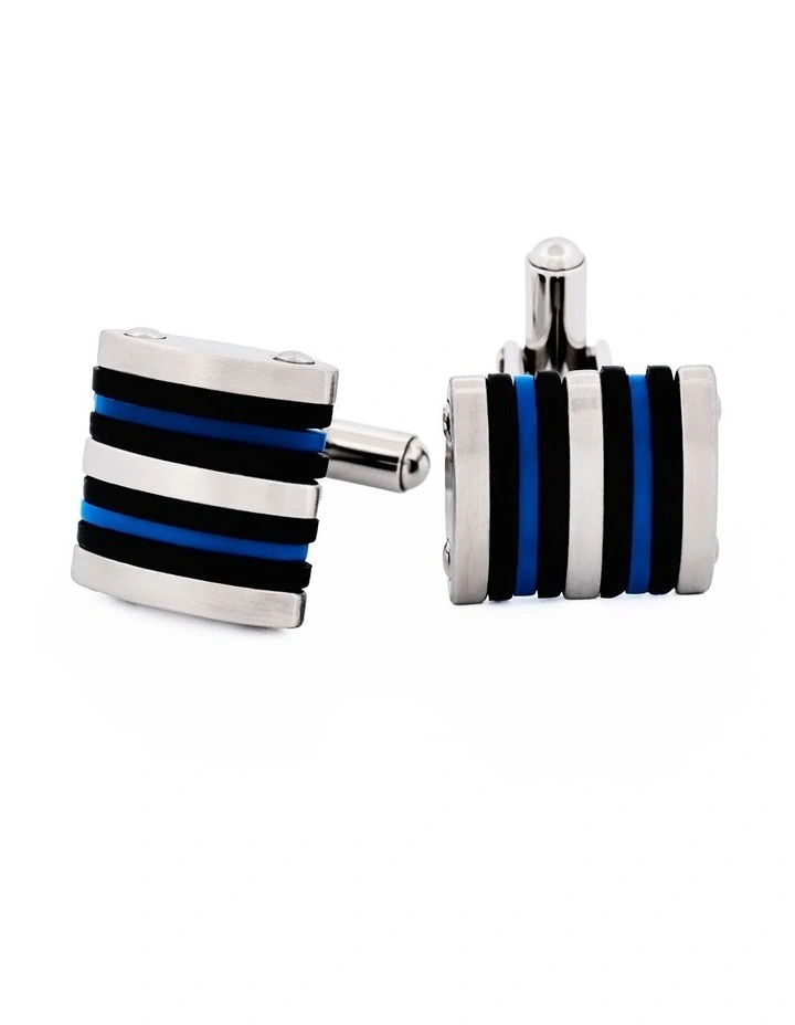 Brushed Stainless Steel Curved Face Cufflinks with Black & Blue Rubber image 4