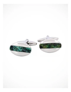 Polished Rhodium Plated Oval Cufflinks with African Turquoise Inlay
