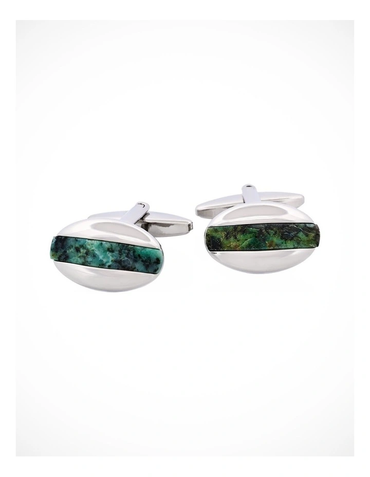 Polished Rhodium Plated Oval Cufflinks with African Turquoise Inlay image 1