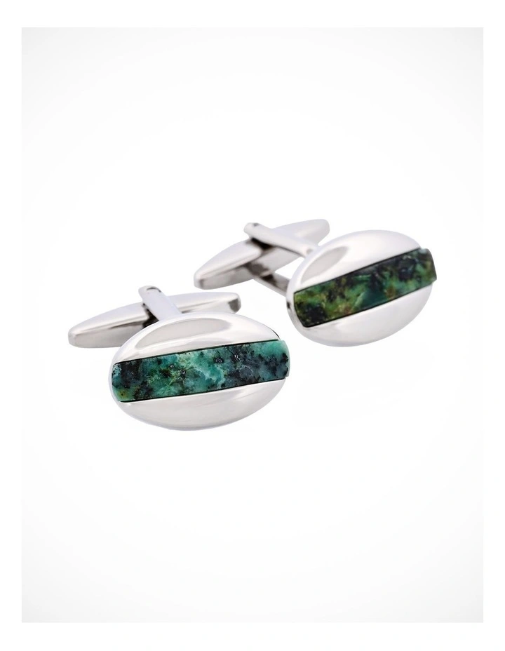 Polished Rhodium Plated Oval Cufflinks with African Turquoise Inlay image 2