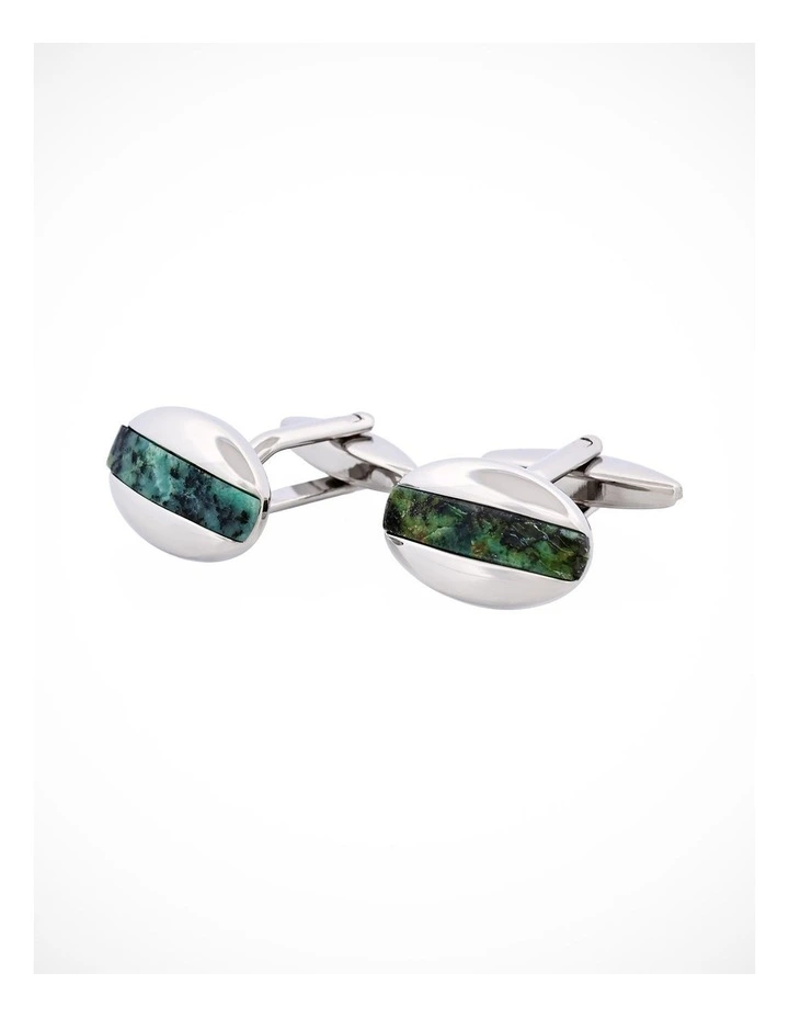 Polished Rhodium Plated Oval Cufflinks with African Turquoise Inlay image 3
