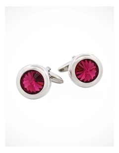 Rhodium Plated & Rose Quartz Crystal Round Cufflinks