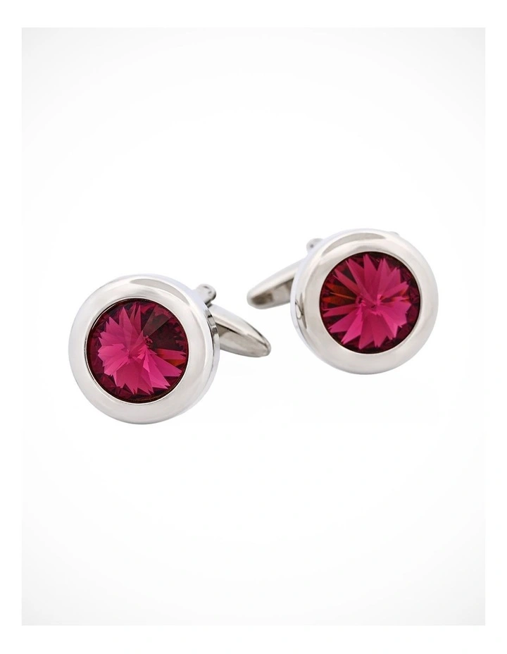 Rhodium Plated & Rose Quartz Crystal Round Cufflinks image 1