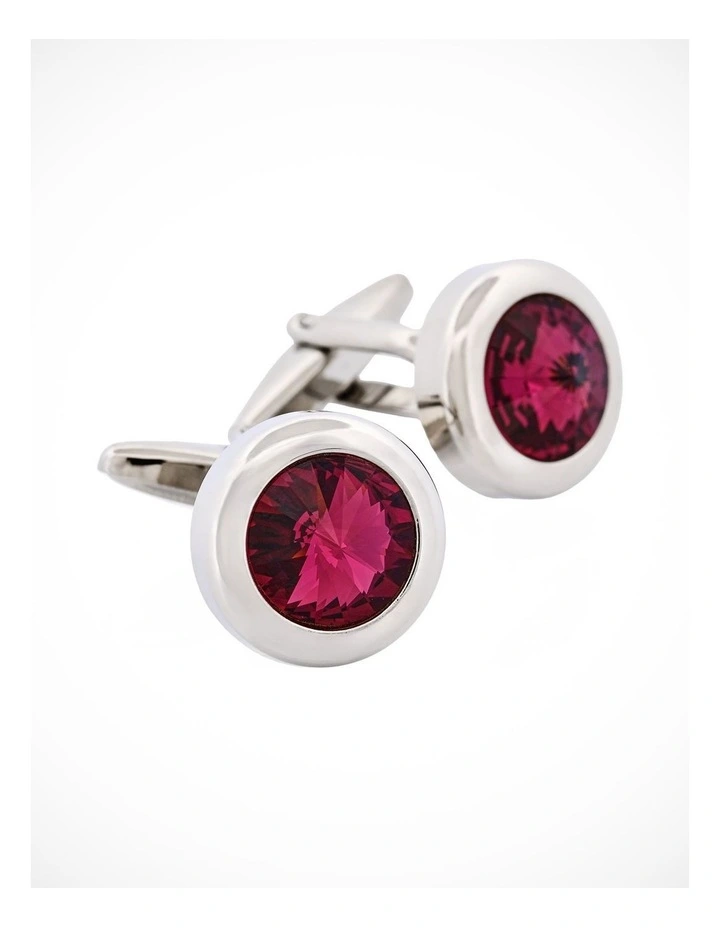 Rhodium Plated & Rose Quartz Crystal Round Cufflinks image 2