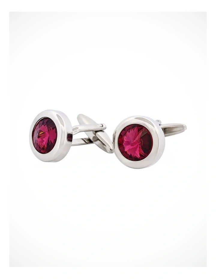 Rhodium Plated & Rose Quartz Crystal Round Cufflinks image 3