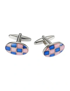 Polished Rhodium Plated Oval Cufflinks with Dark Blue & Pink Checked Resin Inlay