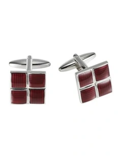 Polished Rhodium Plated Square Cufflinks with 4 Maroon Enamel Inlays