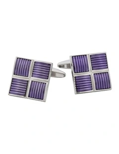 Polished Rhodium Plated Square Cufflinks with 4 Purple Enamel Inlays