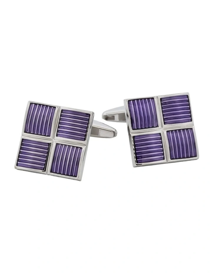 Polished Rhodium Plated Square Cufflinks with 4 Purple Enamel Inlays image 1