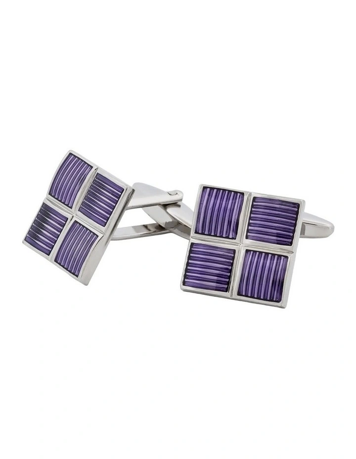 Polished Rhodium Plated Square Cufflinks with 4 Purple Enamel Inlays image 2
