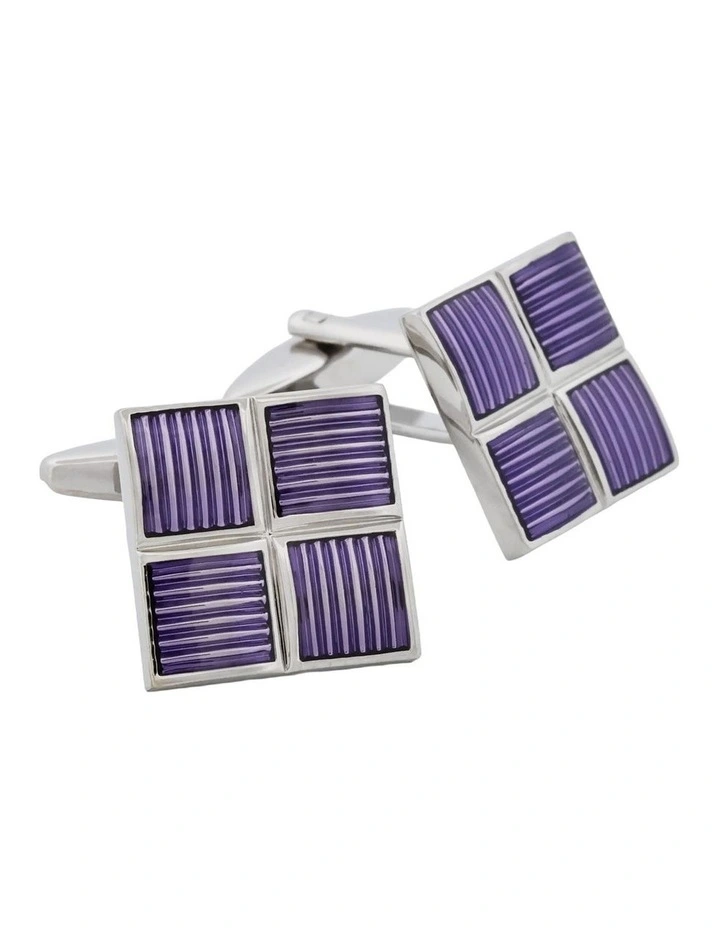 Polished Rhodium Plated Square Cufflinks with 4 Purple Enamel Inlays image 3