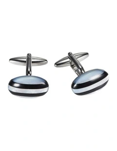 Polished Rhodium Plated Oval Curved Face Mother Of Pearl with Onyx Stripes Cufflinks