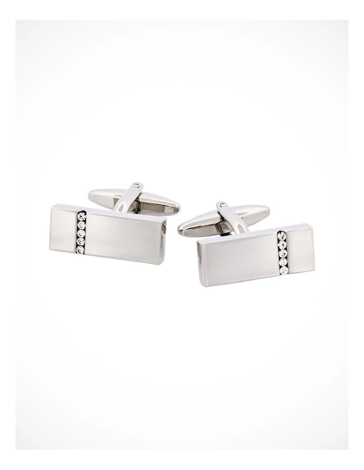 Polished Rhodium Plated Crystal Rectangular Cufflinks image 1