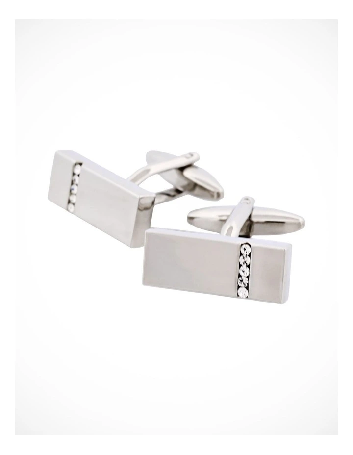 Polished Rhodium Plated Crystal Rectangular Cufflinks image 3
