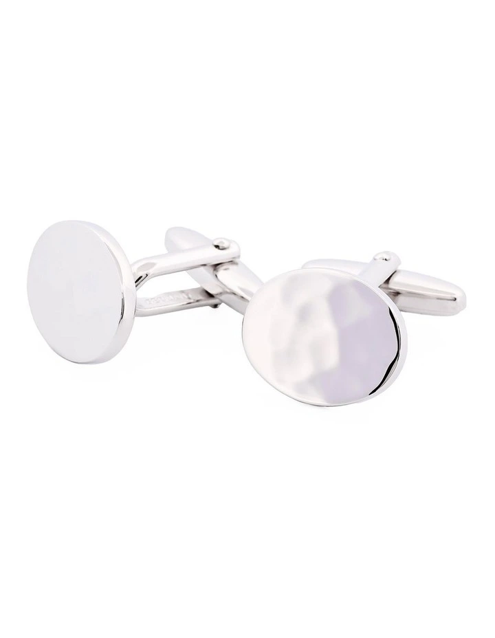 Polished Rhodium Plated Oval Cufflinks with Hammered Pattern image 1