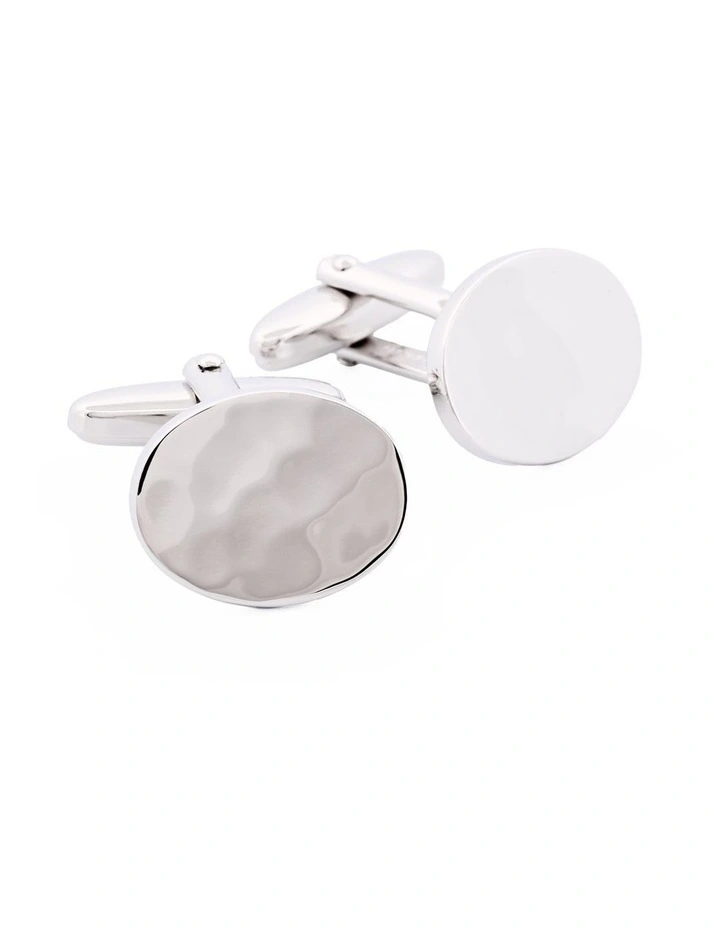 Polished Rhodium Plated Oval Cufflinks with Hammered Pattern image 3