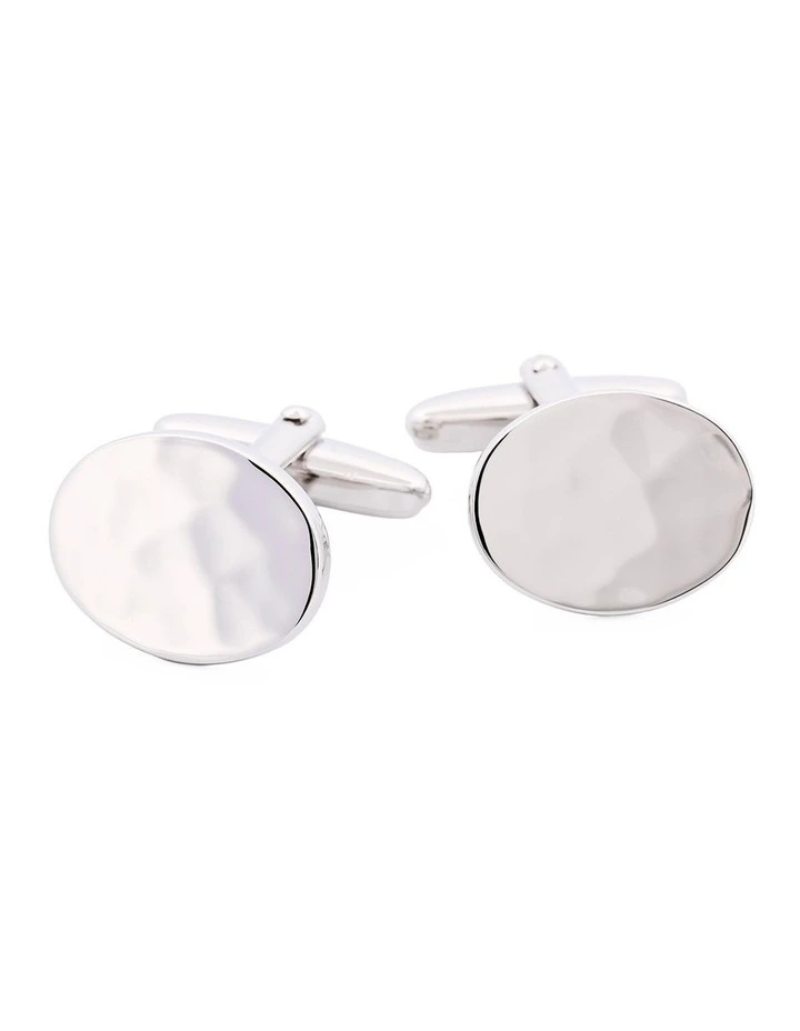 Polished Rhodium Plated Oval Cufflinks with Hammered Pattern image 4