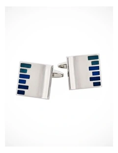 Polished Rhodium Plated Square Cufflinks with Pale & Dark Blue Bars Enamel Inlay