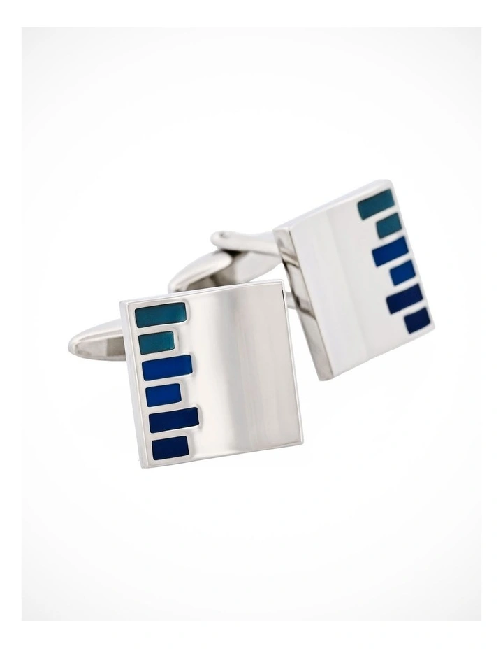 Polished Rhodium Plated Square Cufflinks with Pale & Dark Blue Bars Enamel Inlay image 2