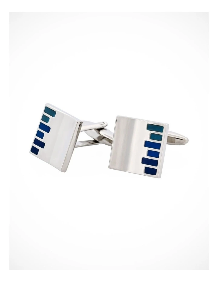 Polished Rhodium Plated Square Cufflinks with Pale & Dark Blue Bars Enamel Inlay image 3