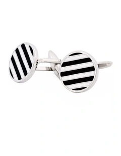 Rhodium Plated Round Cufflinks with Black & White Stripe