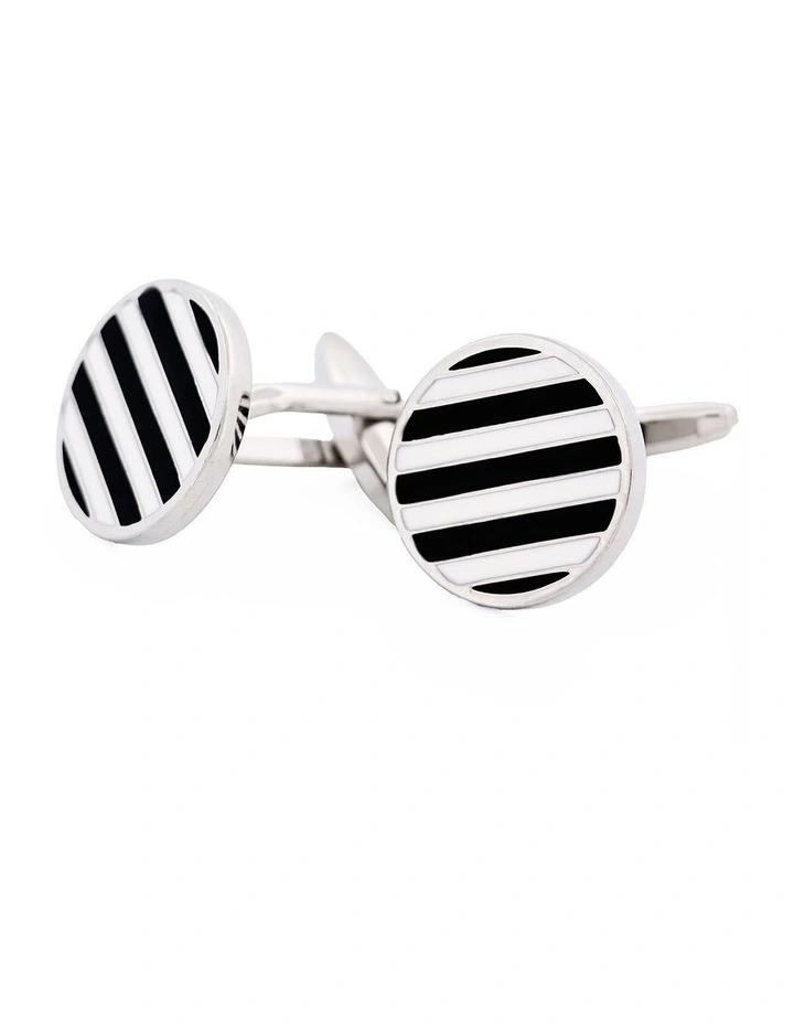 Rhodium Plated Round Cufflinks with Black & White Stripe image 1
