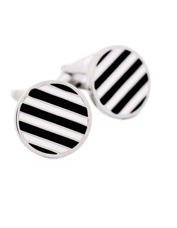 Rhodium Plated Round Cufflinks with Black & White Stripe image 3
