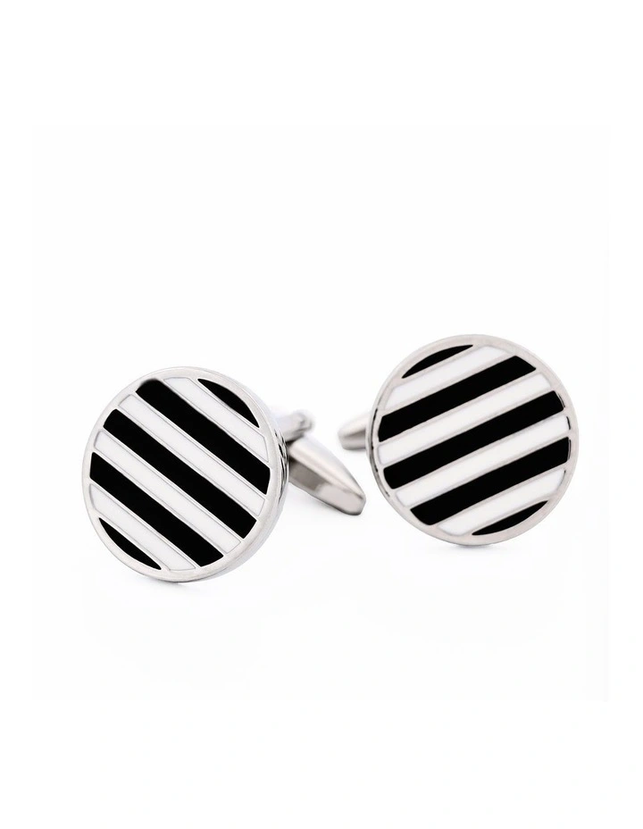 Rhodium Plated Round Cufflinks with Black & White Stripe image 4