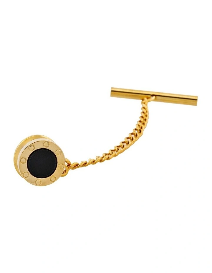 Gold Plated & Onyx Tie Tack with Chain image 1