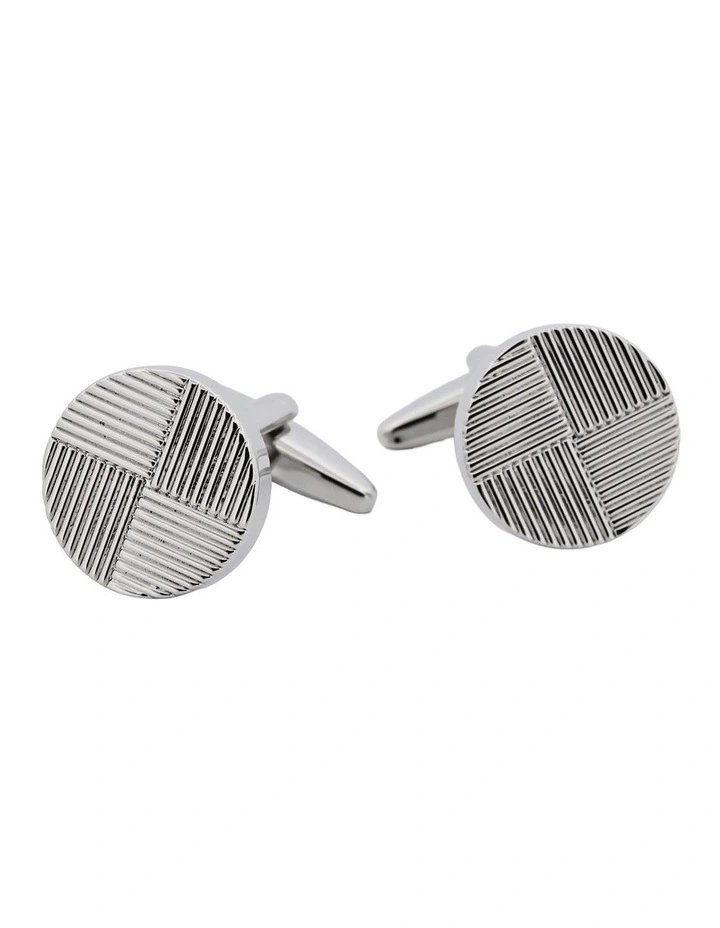 Polished Rhodium Plated Round Cufflinks with Striped Quartile Pattern image 3