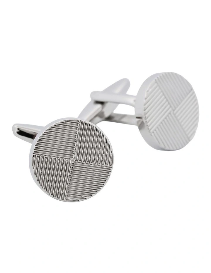 Polished Rhodium Plated Round Cufflinks with Striped Quartile Pattern image 4