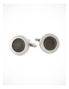 Polished Rhodium Plated Round Cufflinks with Dark Grey Enamel Inlay