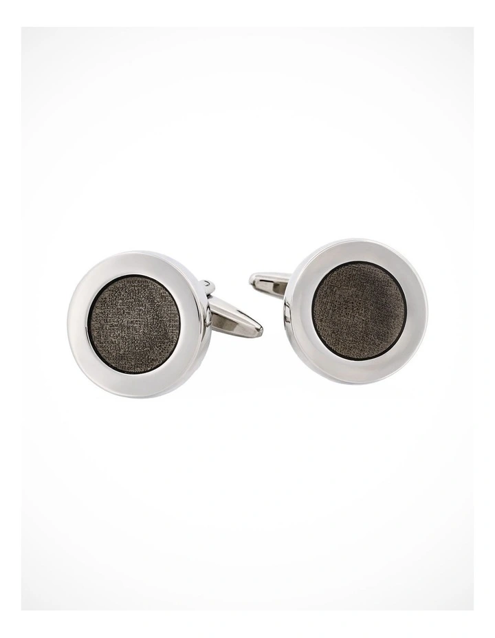 Polished Rhodium Plated Round Cufflinks with Dark Grey Enamel Inlay image 1