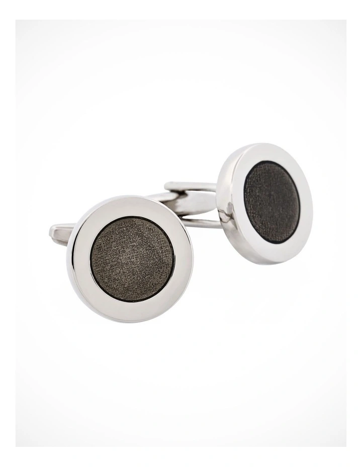 Polished Rhodium Plated Round Cufflinks with Dark Grey Enamel Inlay image 2