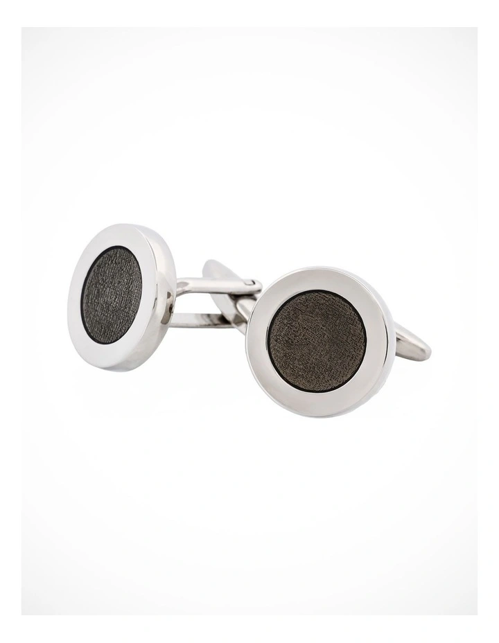 Polished Rhodium Plated Round Cufflinks with Dark Grey Enamel Inlay image 3