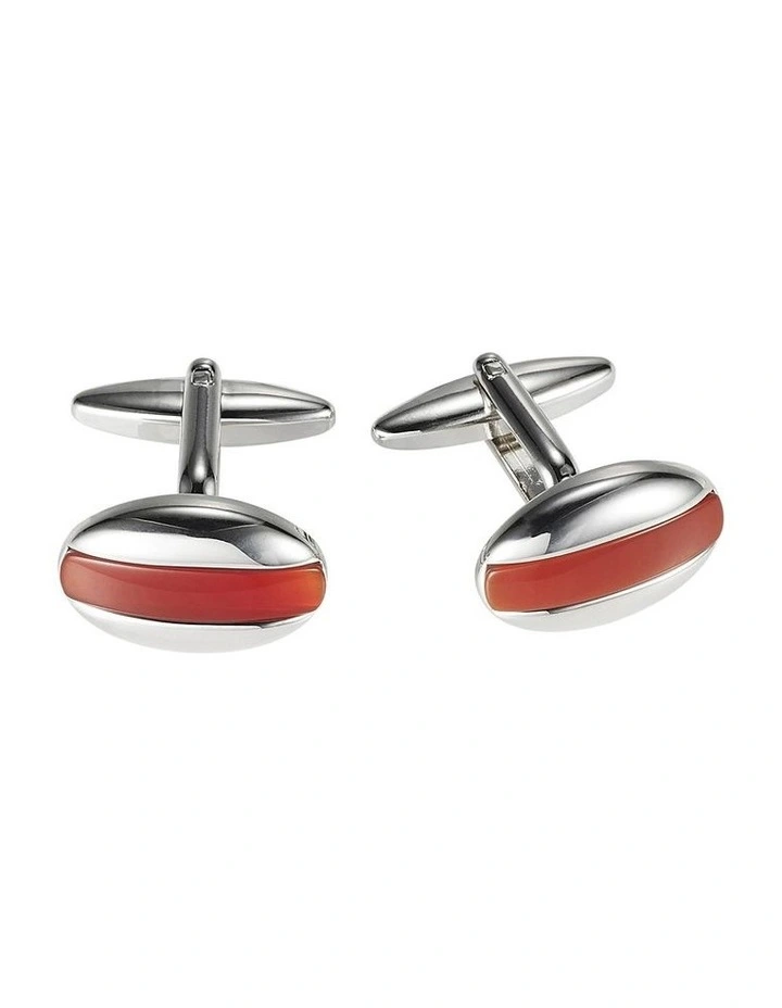 Polished Rhodium Plated Oval Cufflinks with Red Agate Inlay image 1