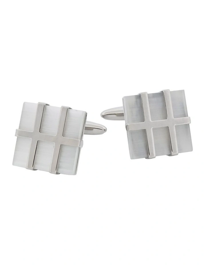 Rhodium Plated Cufflinks with White Cat's Eye image 1