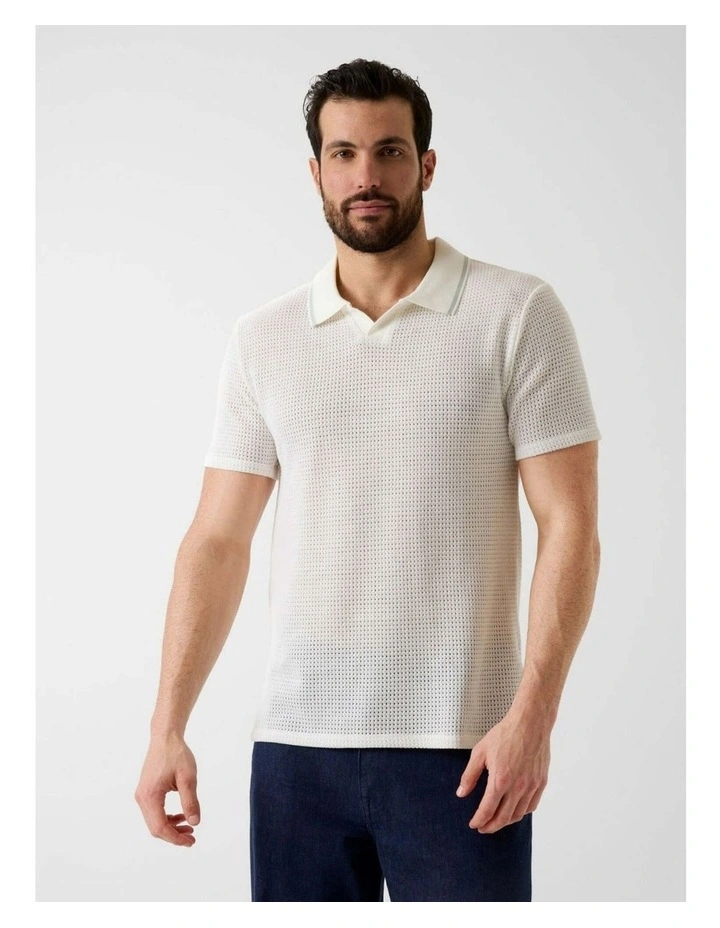 Daryl Crochet Knit Polo Shirt in White image 1