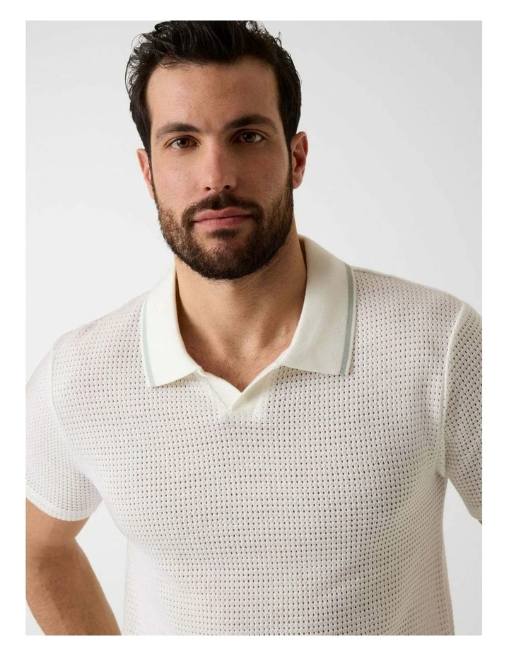 Daryl Crochet Knit Polo Shirt in White image 3
