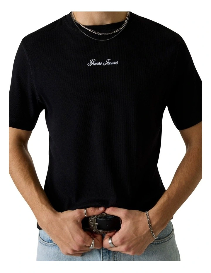 Guess Jeans Slim Fit Ribbed T-Shirt in Black image 3