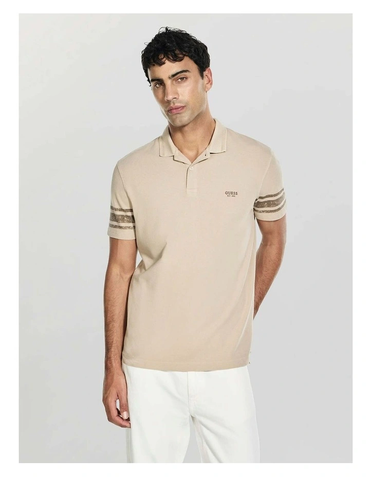 Washed Printed Polo Shirt in Beige image 1