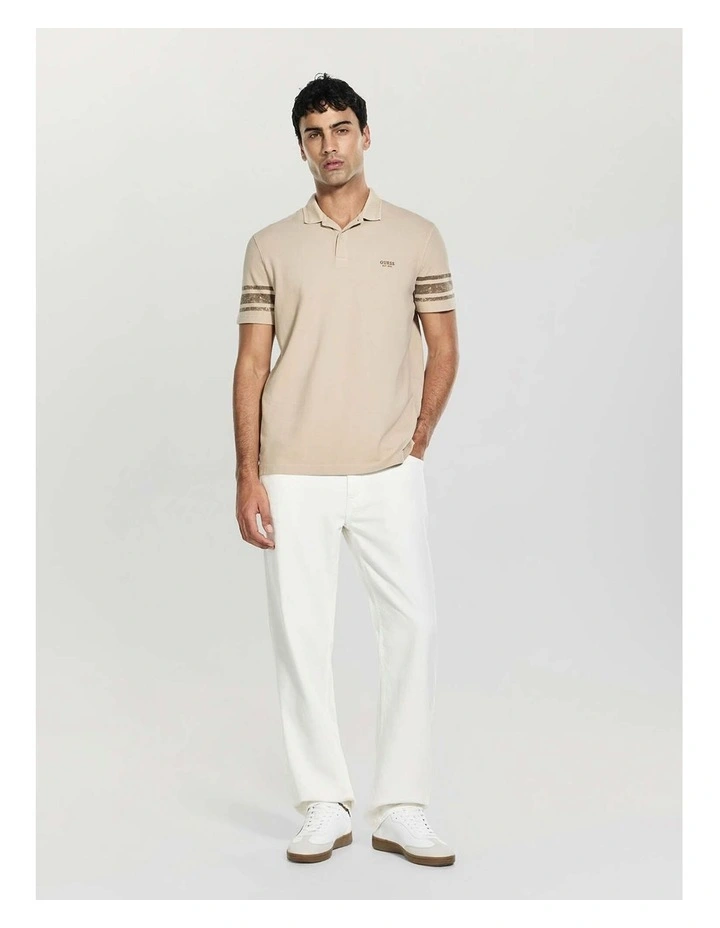 Washed Printed Polo Shirt in Beige image 2