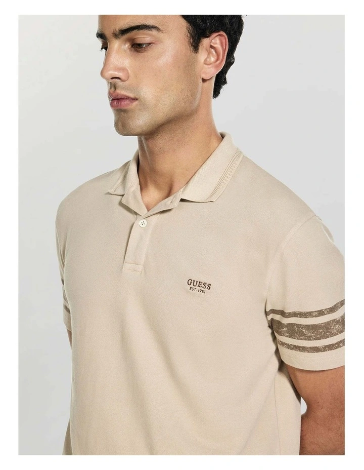 Washed Printed Polo Shirt in Beige image 3