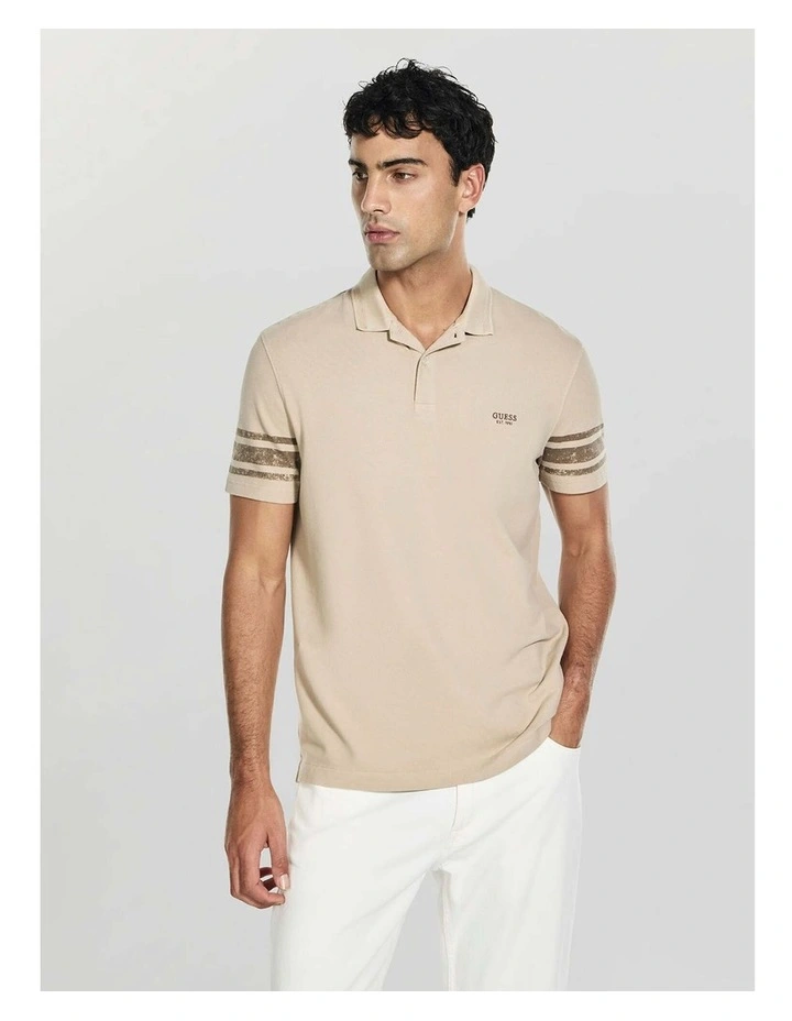Washed Printed Polo Shirt in Beige image 5