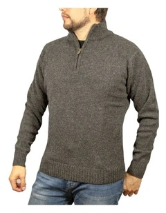 100% Shetland Ragg Wool Half Zip Up Knit Jumper in Charcoal