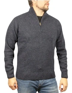 100% Shetland Ragg Wool Half Zip Up Knit Jumper in Denim Blue