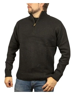 100% Shetland Ragg Wool Half Zip Up Knit Jumper in Plain Black